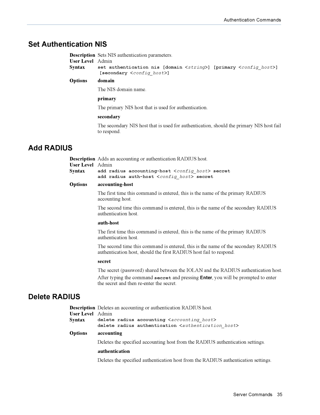 Perle Systems MDC, SDS manual Set Authentication NIS, Add Radius, Delete Radius 