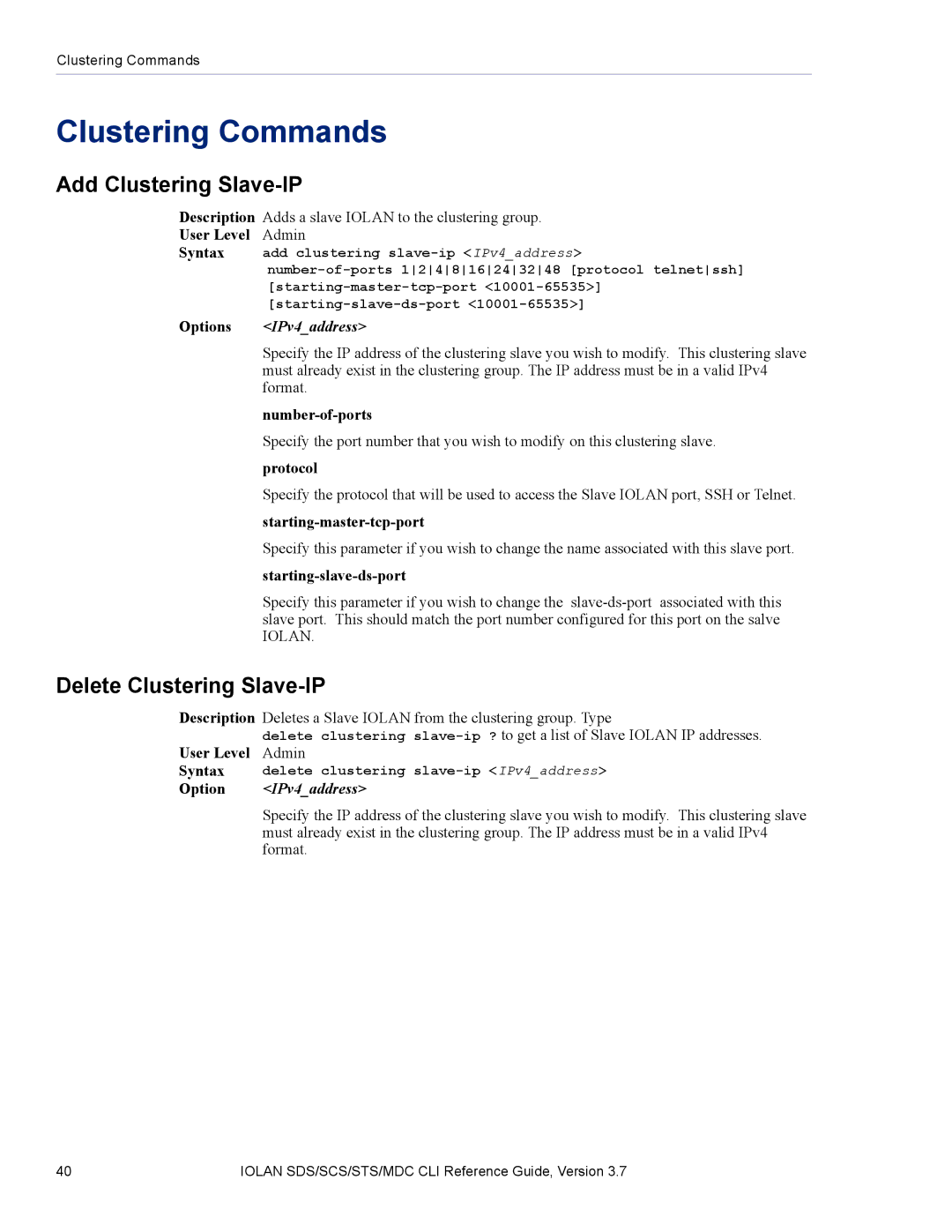 Perle Systems SDS, MDC manual Clustering Commands, Add Clustering Slave-IP, Delete Clustering Slave-IP, IPv4address 