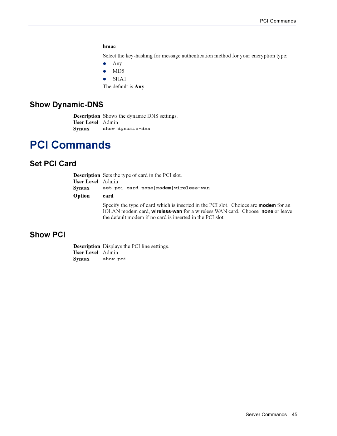 Perle Systems MDC, SDS manual PCI Commands, Show Dynamic-DNS, Set PCI Card, Show PCI, Option Card 