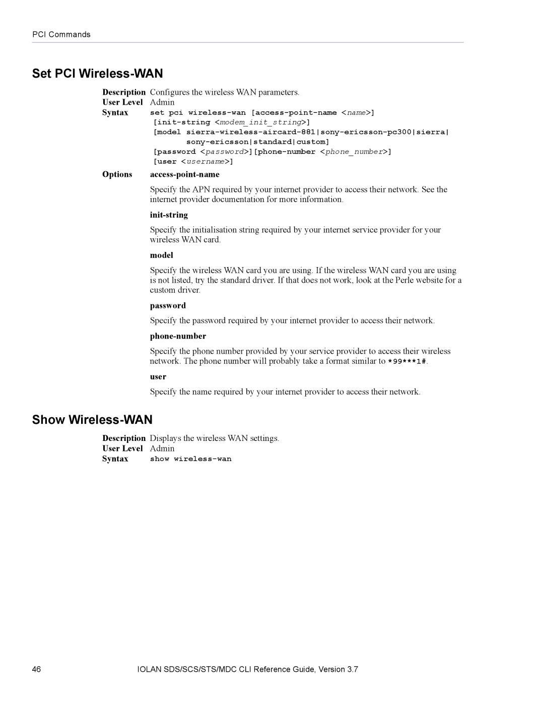 Perle Systems SDS, MDC manual Set PCI Wireless-WAN, Show Wireless-WAN 