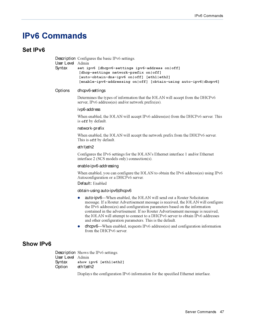 Perle Systems MDC, SDS manual IPv6 Commands, Set IPv6, Show IPv6 