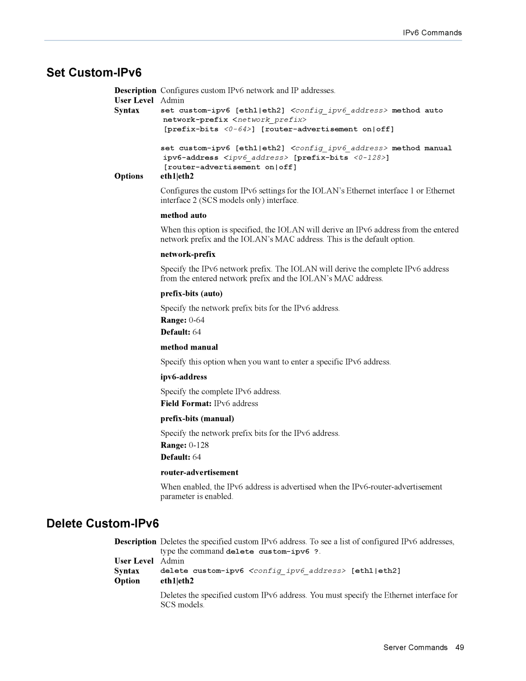 Perle Systems MDC, SDS manual Set Custom-IPv6, Delete Custom-IPv6 