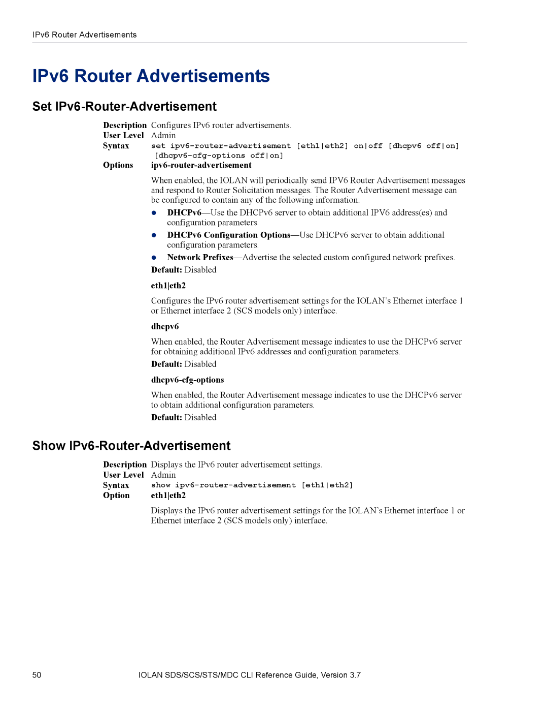 Perle Systems SDS, MDC manual IPv6 Router Advertisements, Set IPv6-Router-Advertisement, Show IPv6-Router-Advertisement 