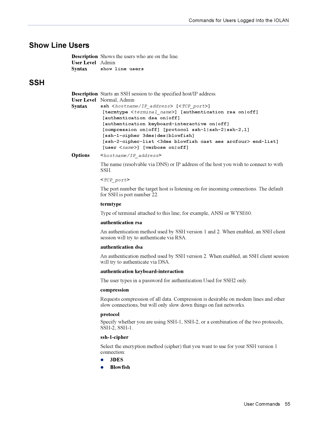 Perle Systems MDC, SDS manual Show Line Users, Authentication keyboard-interaction, Ssh-1-cipher, 3DES Blowfish 