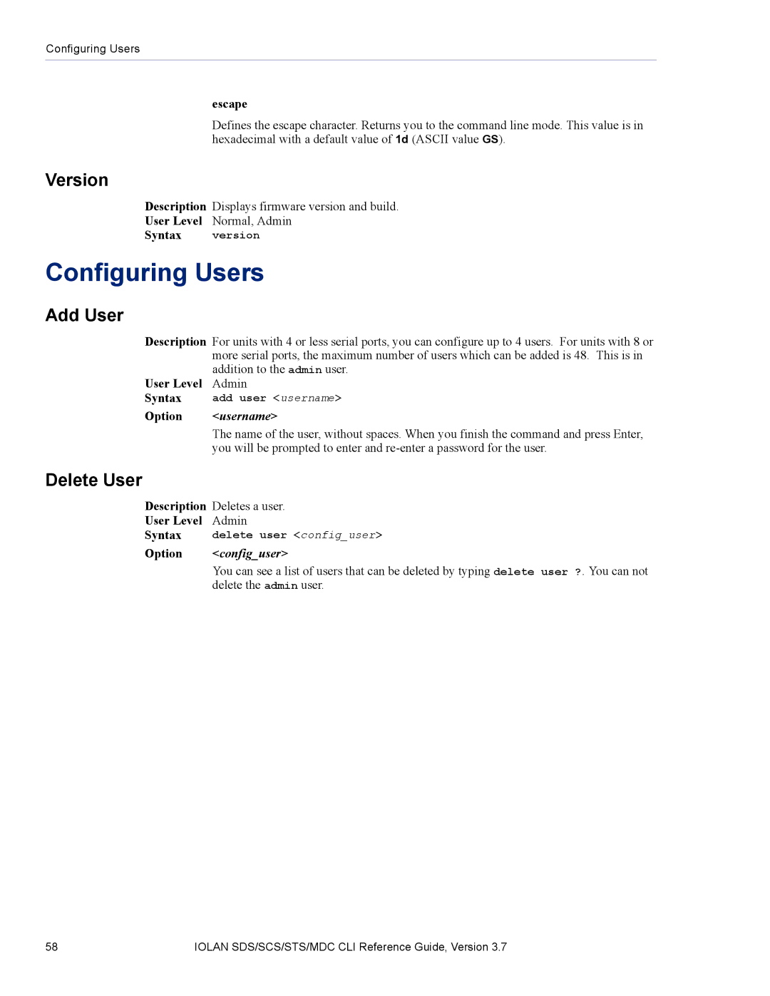 Perle Systems SDS, MDC manual Configuring Users, Version, Add User, Delete User 