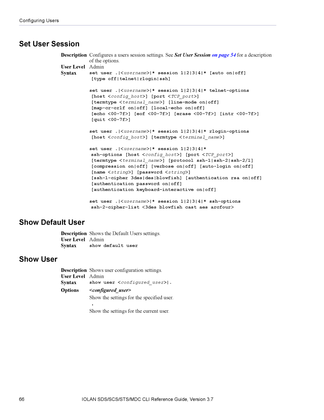 Perle Systems SDS, MDC manual Show Default User, Show User, Options configureduser 