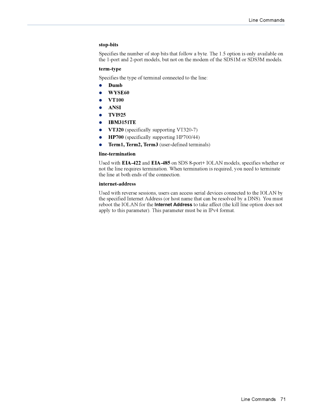 Perle Systems MDC, SDS manual Stop-bits, Term-type, Line-termination, Internet-address 