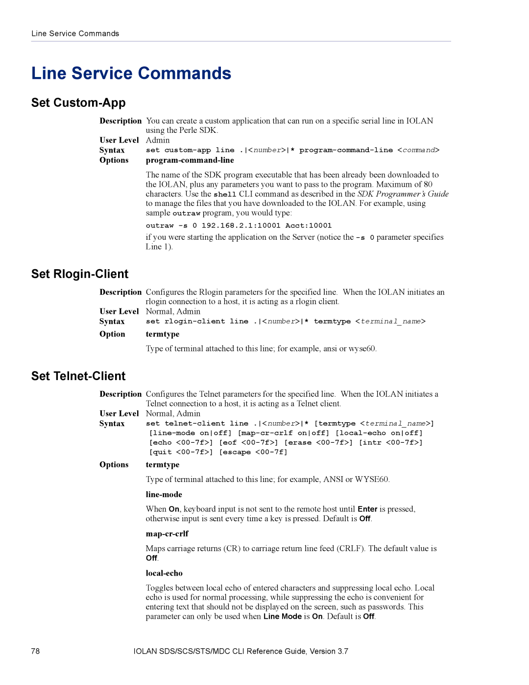 Perle Systems SDS, MDC manual Line Service Commands, Set Rlogin-Client, Set Telnet-Client, Option termtype, Options termtype 