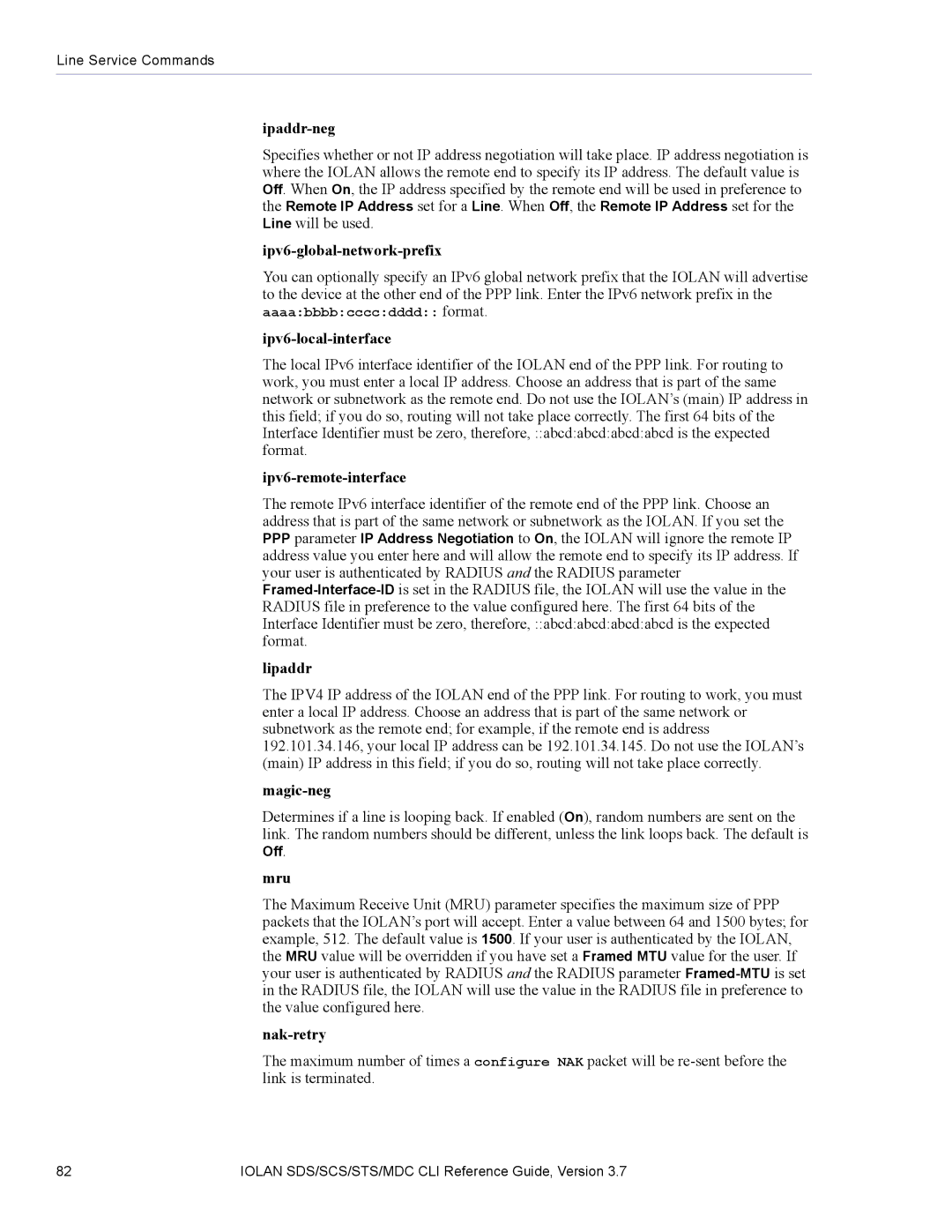 Perle Systems SDS Ipaddr-neg, Ipv6-global-network-prefix, Ipv6-local-interface, Ipv6-remote-interface, Lipaddr, Magic-neg 