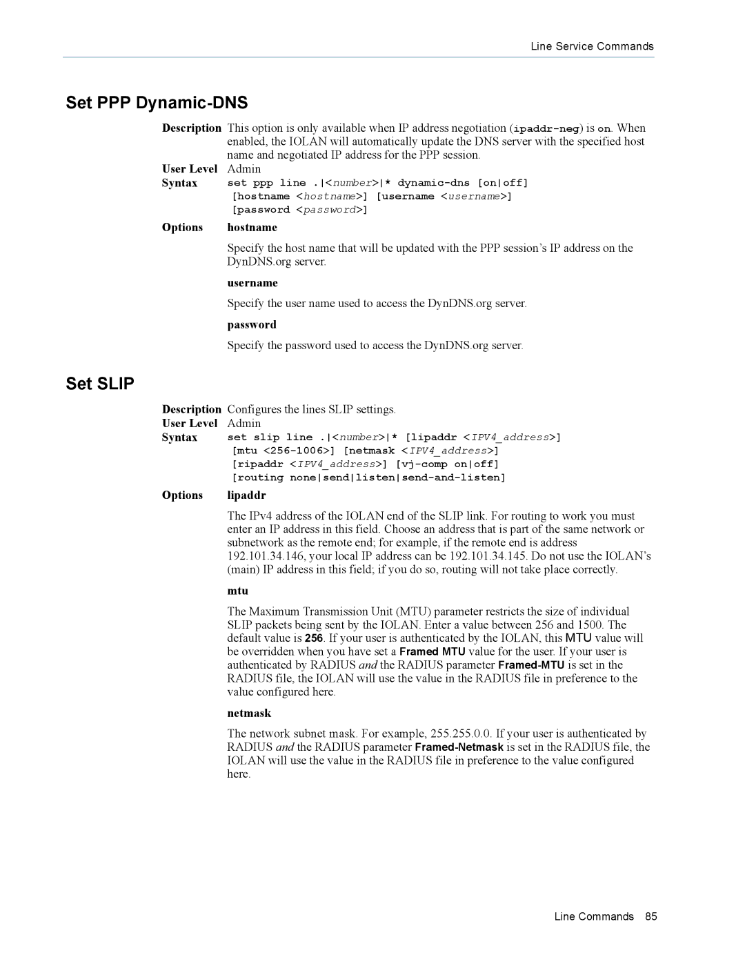 Perle Systems MDC, SDS manual Set PPP Dynamic-DNS, Set Slip, Options Hostname, Options Lipaddr, Mtu 