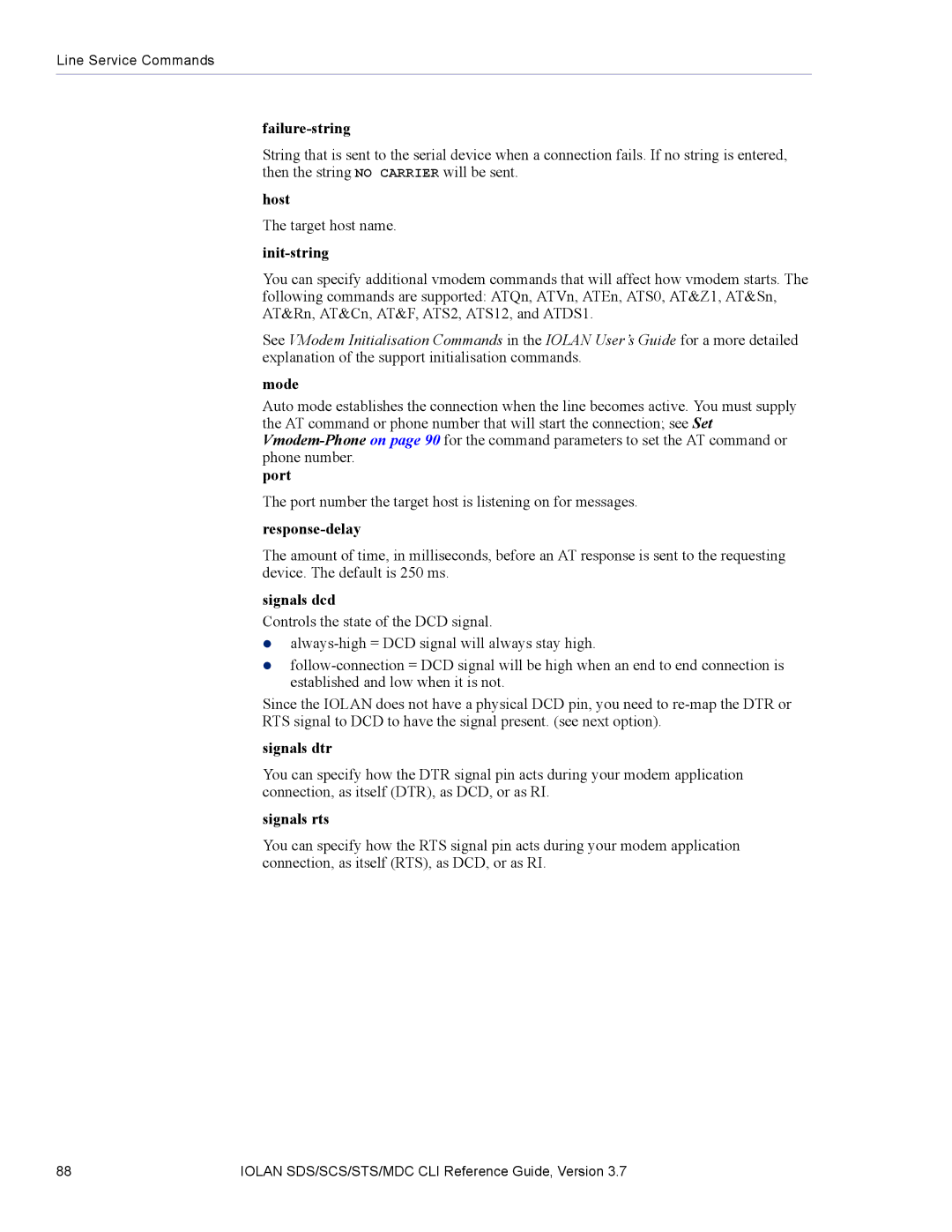 Perle Systems SDS, MDC manual Failure-string, Response-delay, Signals dcd, Signals dtr, Signals rts 