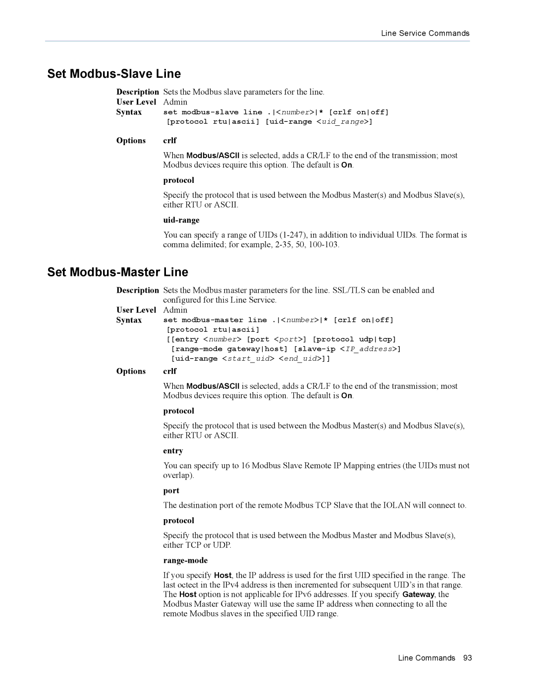 Perle Systems MDC, SDS manual Set Modbus-Slave Line, Set Modbus-Master Line, Options Crlf, Uid-range, Range-mode 