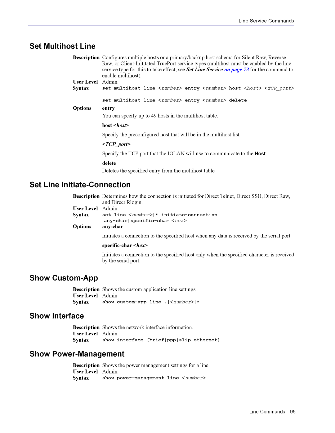 Perle Systems MDC, SDS manual Set Multihost Line, Set Line Initiate-Connection, Show Interface, Show Power-Management 