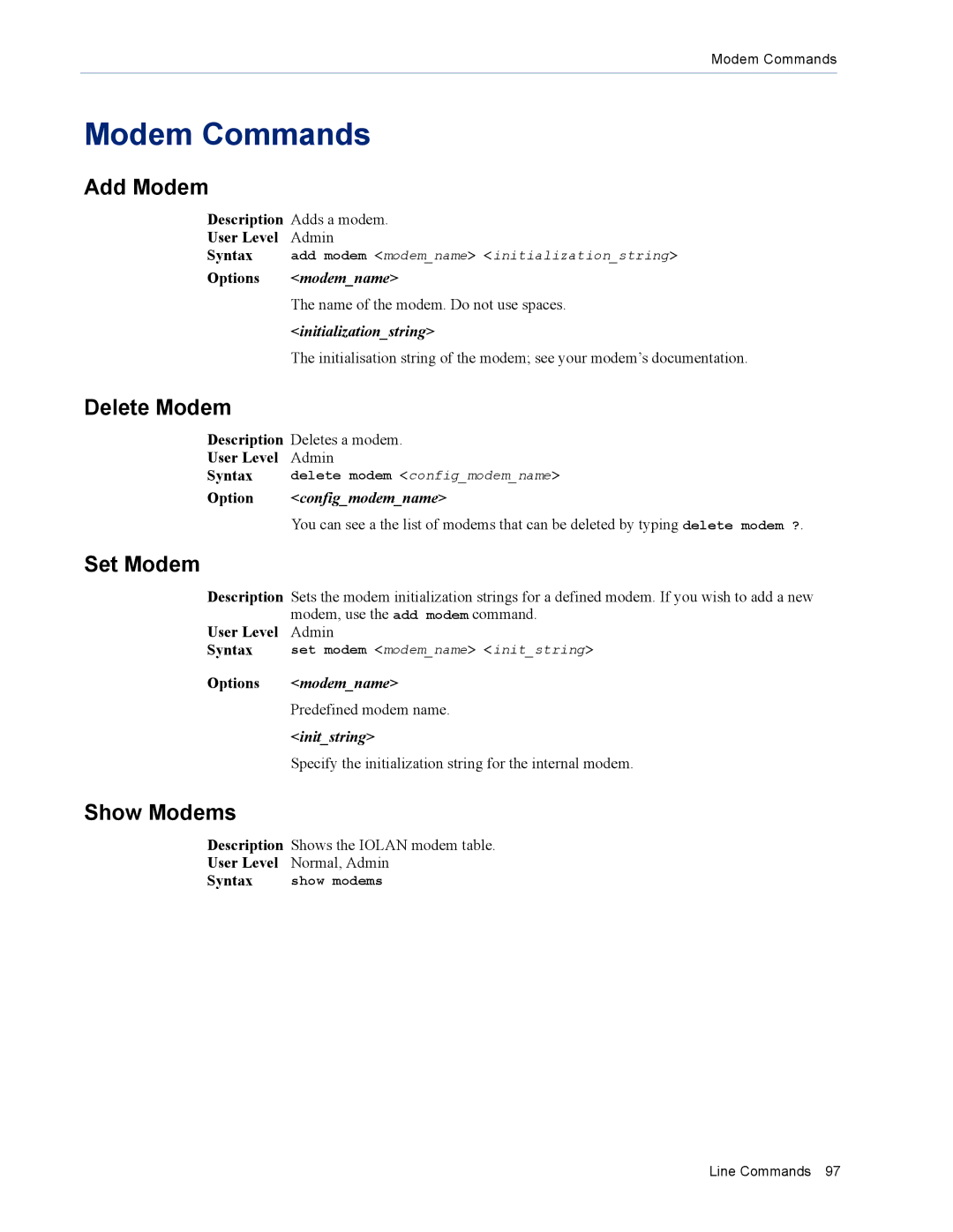 Perle Systems MDC, SDS manual Modem Commands, Add Modem, Delete Modem, Show Modems 