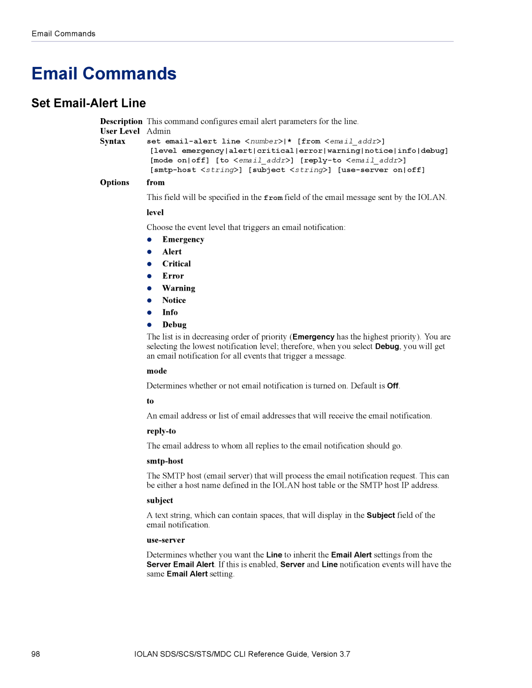 Perle Systems SDS, MDC manual Email Commands, Set Email-Alert Line 