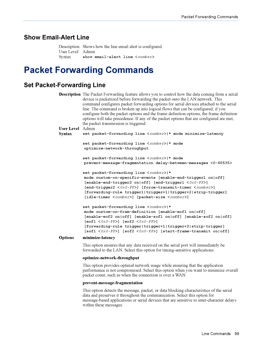 Perle Systems MDC, SDS manual Packet Forwarding Commands, Show Email-Alert Line, Set Packet-Forwarding Line 