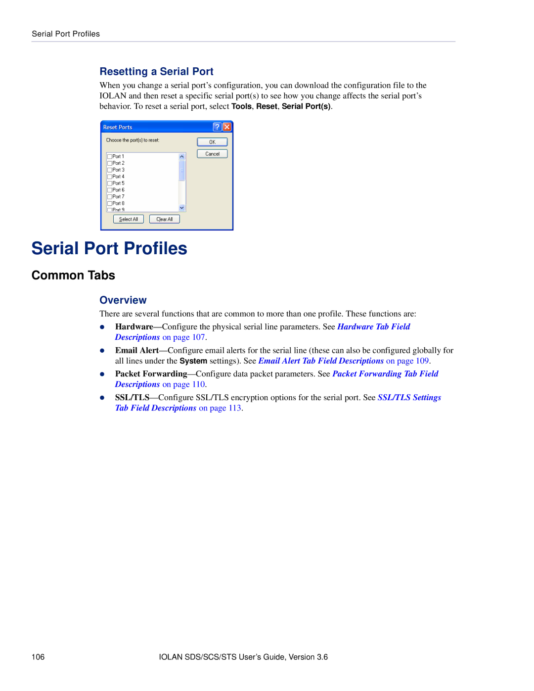 Perle Systems STS, SCS manual Serial Port Profiles, Common Tabs, Resetting a Serial Port 