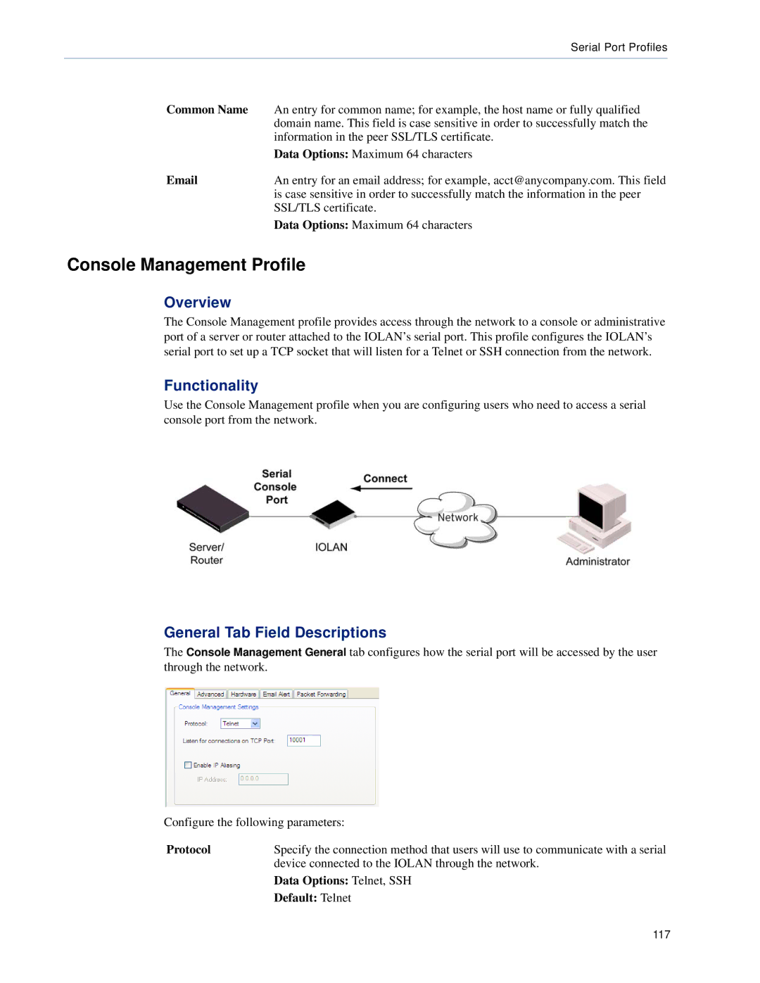 Perle Systems SCS, STS manual Console Management Profile, General Tab Field Descriptions, Protocol, Data Options Telnet, SSH 