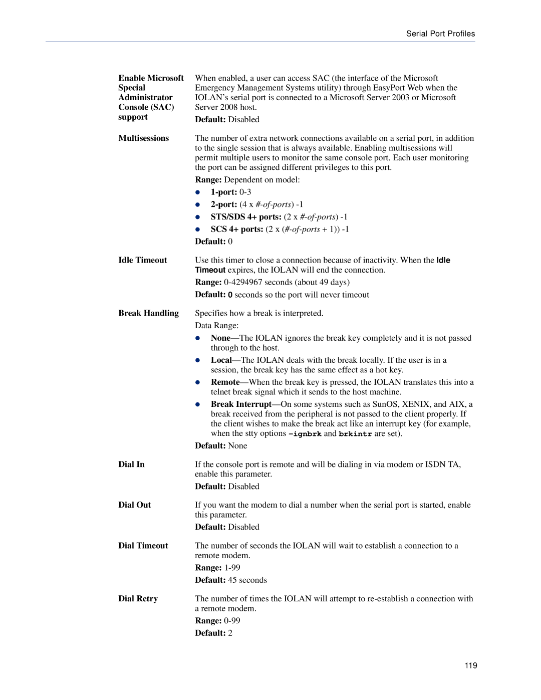 Perle Systems SCS, STS Enable Microsoft, Special, Administrator, Console SAC, Support Default Disabled Multisessions, Port 