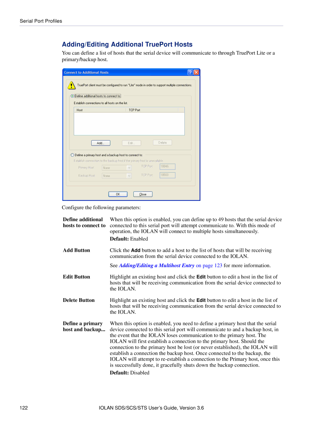 Perle Systems STS, SCS Adding/Editing Additional TruePort Hosts, Hosts to connect to, Define a primary, Host and backup 