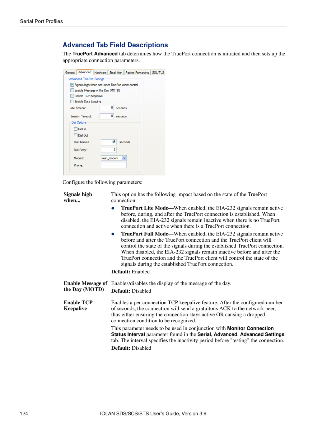 Perle Systems STS, SCS manual Signals high, When, Day Motd Default Disabled Enable TCP 