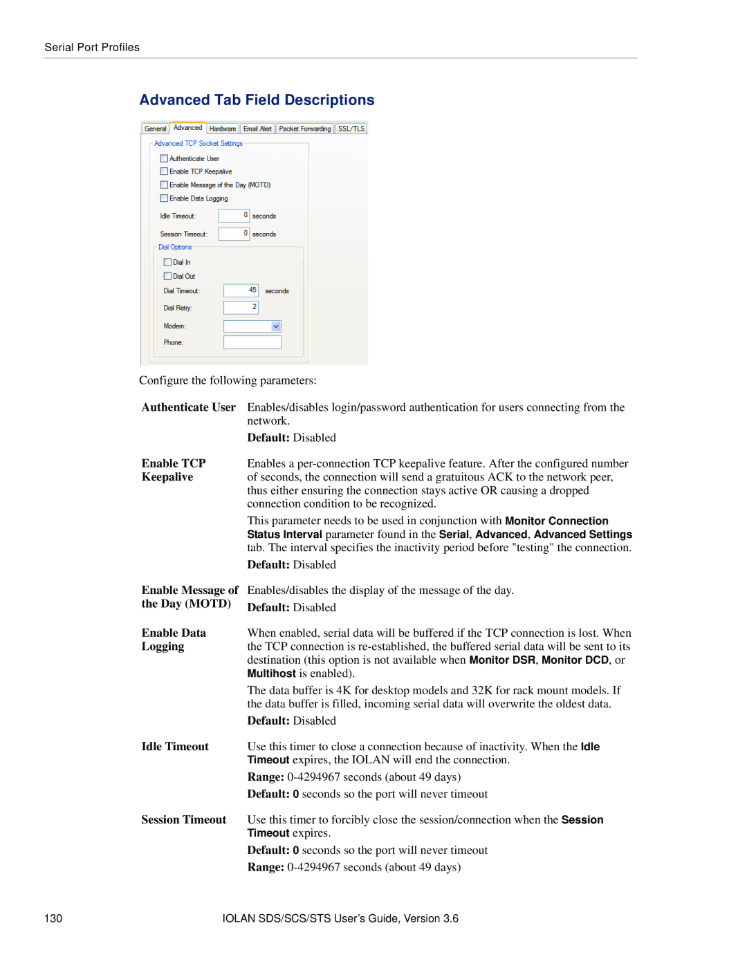 Perle Systems STS, SCS manual Advanced Tab Field Descriptions, Day Motd Default Disabled Enable Data 