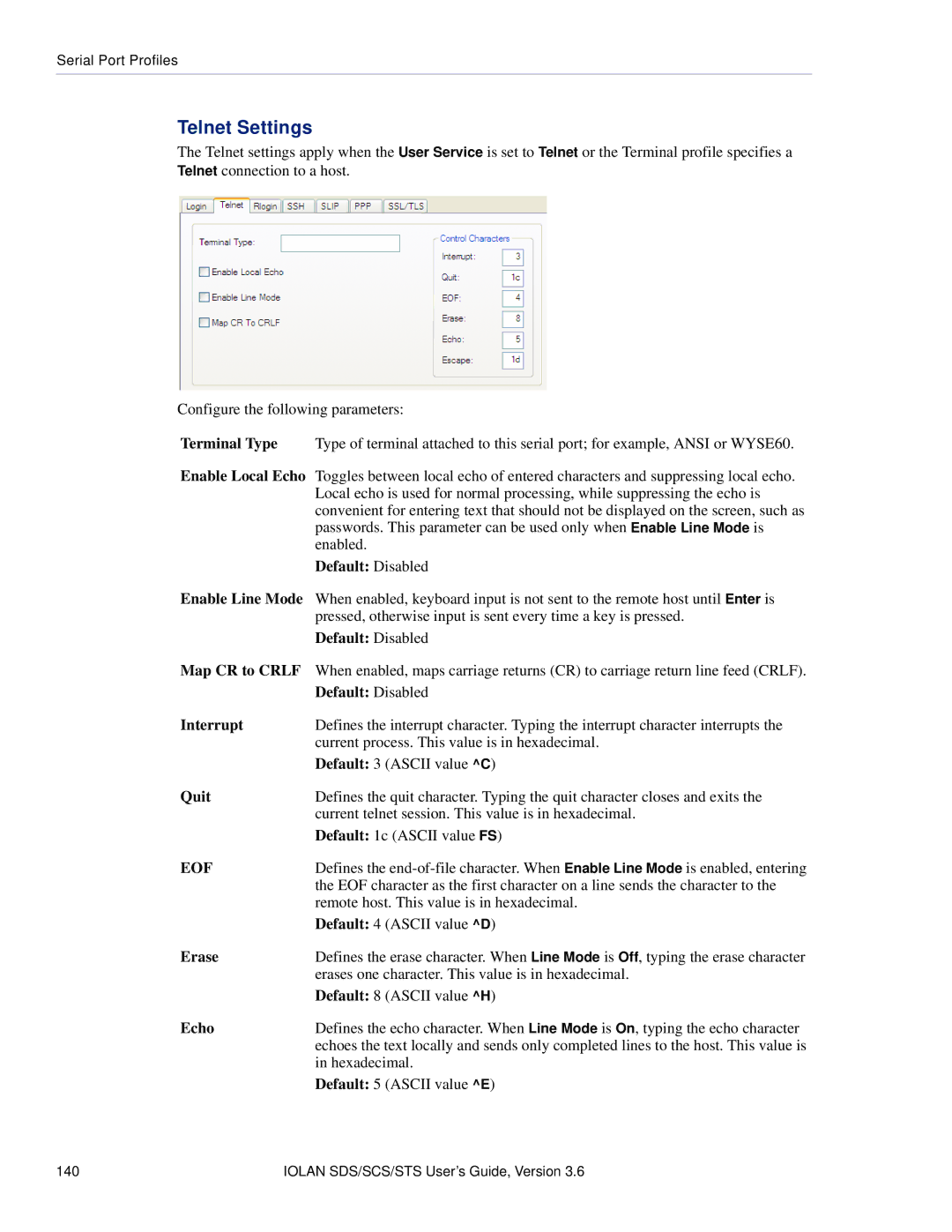 Perle Systems STS, SCS manual Telnet Settings, Interrupt, Quit, Erase, Echo 
