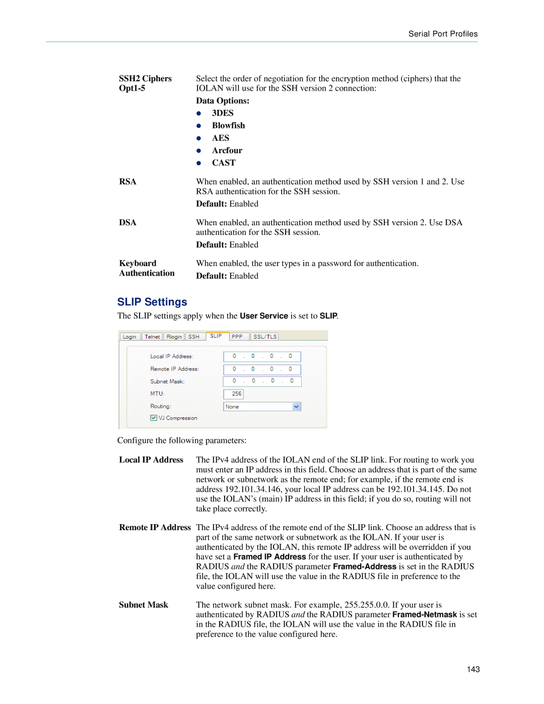 Perle Systems SCS, STS Slip Settings, Arcfour, RSA authentication for the SSH session, Authentication for the SSH session 