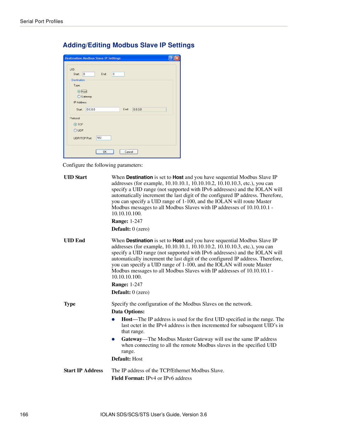 Perle Systems STS, SCS manual Adding/Editing Modbus Slave IP Settings, UID Start, UID End, Default Host 