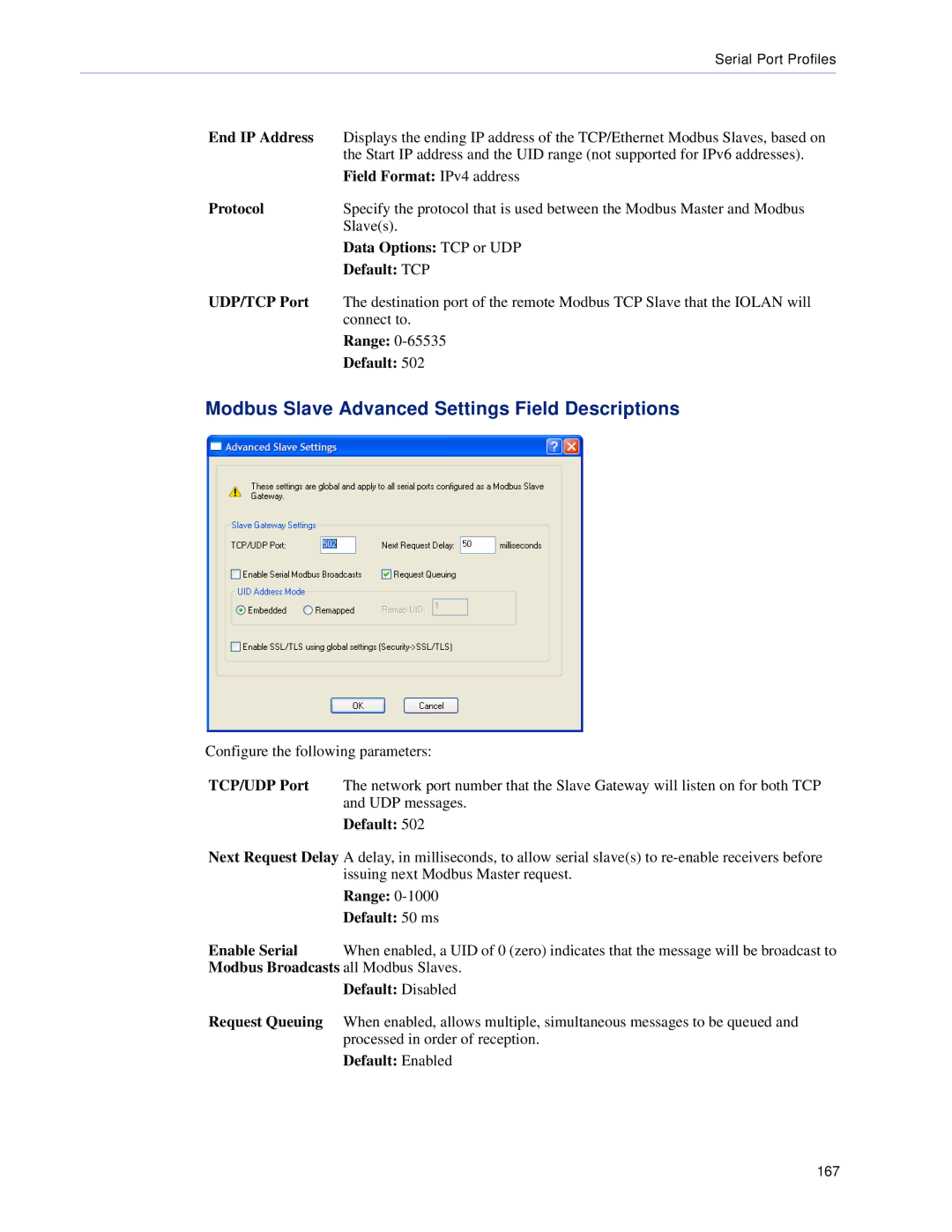 Perle Systems SCS Modbus Slave Advanced Settings Field Descriptions, Data Options TCP or UDP, Default TCP, UDP/TCP Port 