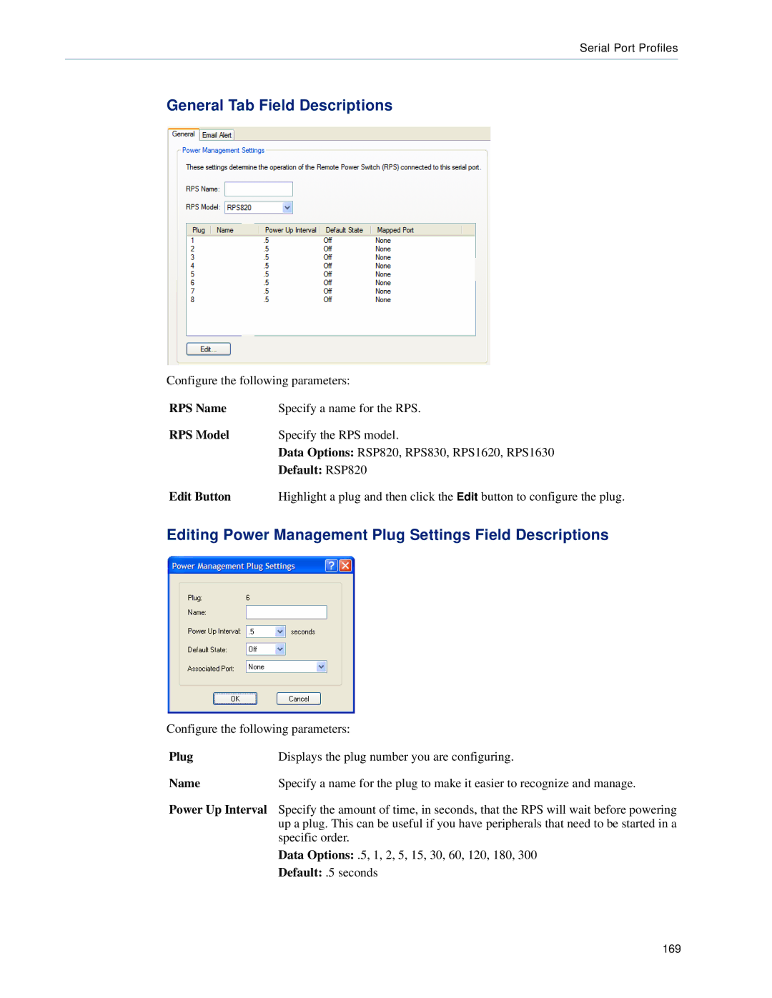 Perle Systems SCS, STS manual Editing Power Management Plug Settings Field Descriptions, RPS Name, RPS Model, Default RSP820 