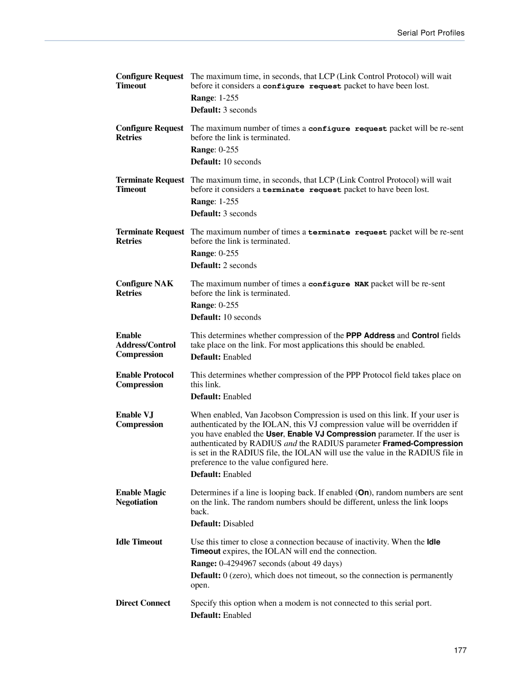 Perle Systems SCS, STS manual Configure Request, Terminate Request, Compression Default Enabled Enable Protocol, Enable VJ 