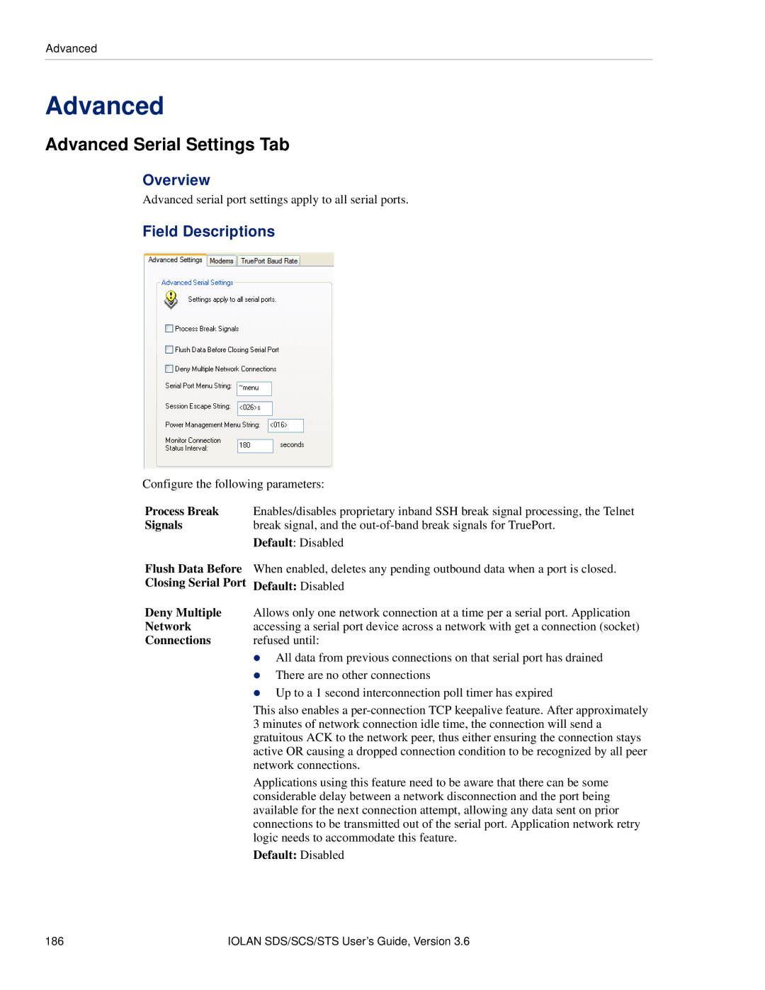 Perle Systems STS, SCS manual Advanced Serial Settings Tab, Process Break, Signals, Deny Multiple, Network 