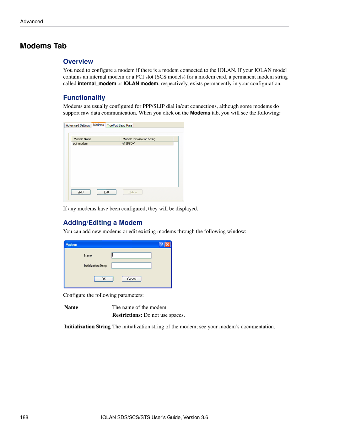 Perle Systems STS, SCS manual Modems Tab, Adding/Editing a Modem, Name Name of the modem 