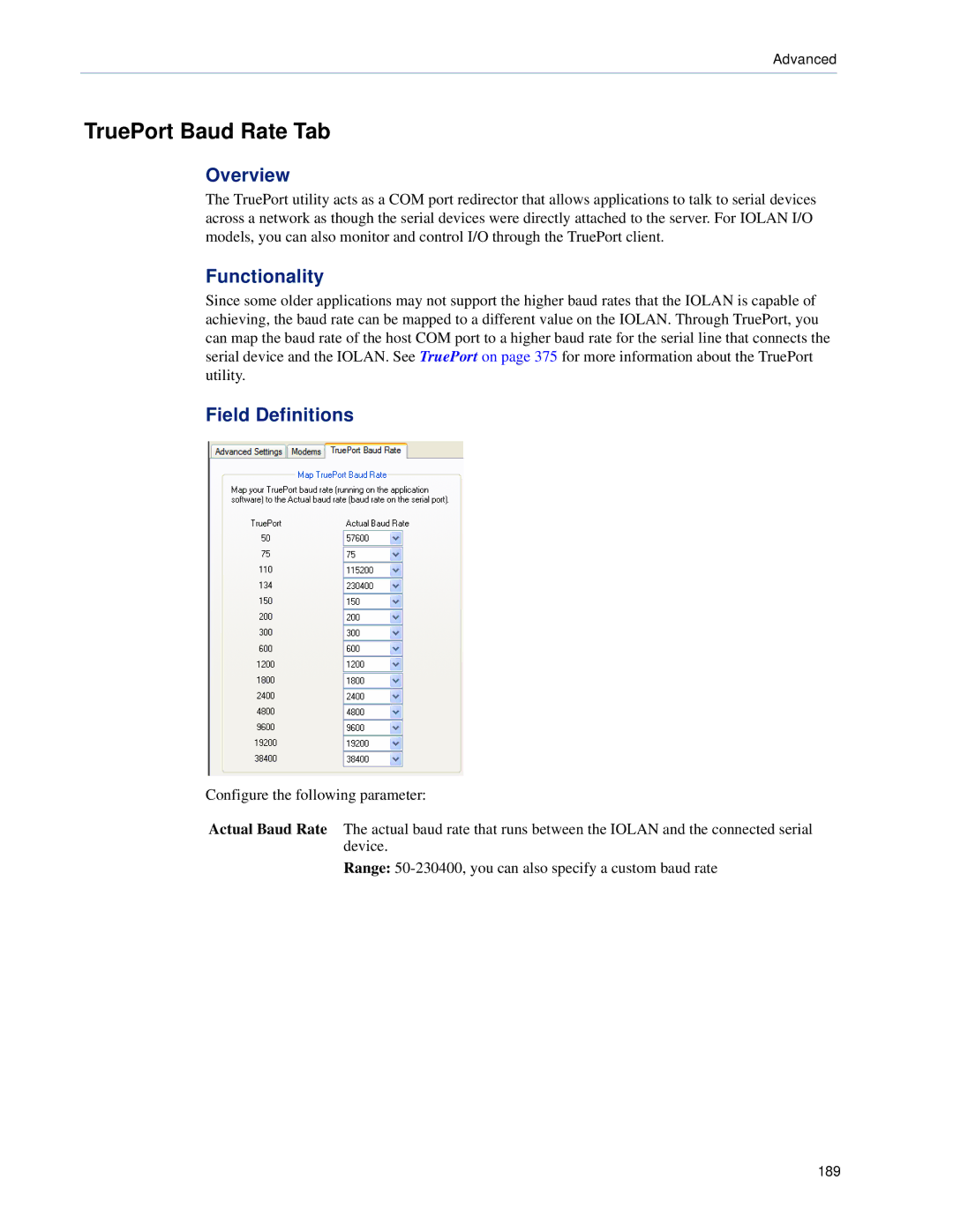 Perle Systems SCS, STS manual TruePort Baud Rate Tab, Field Definitions 