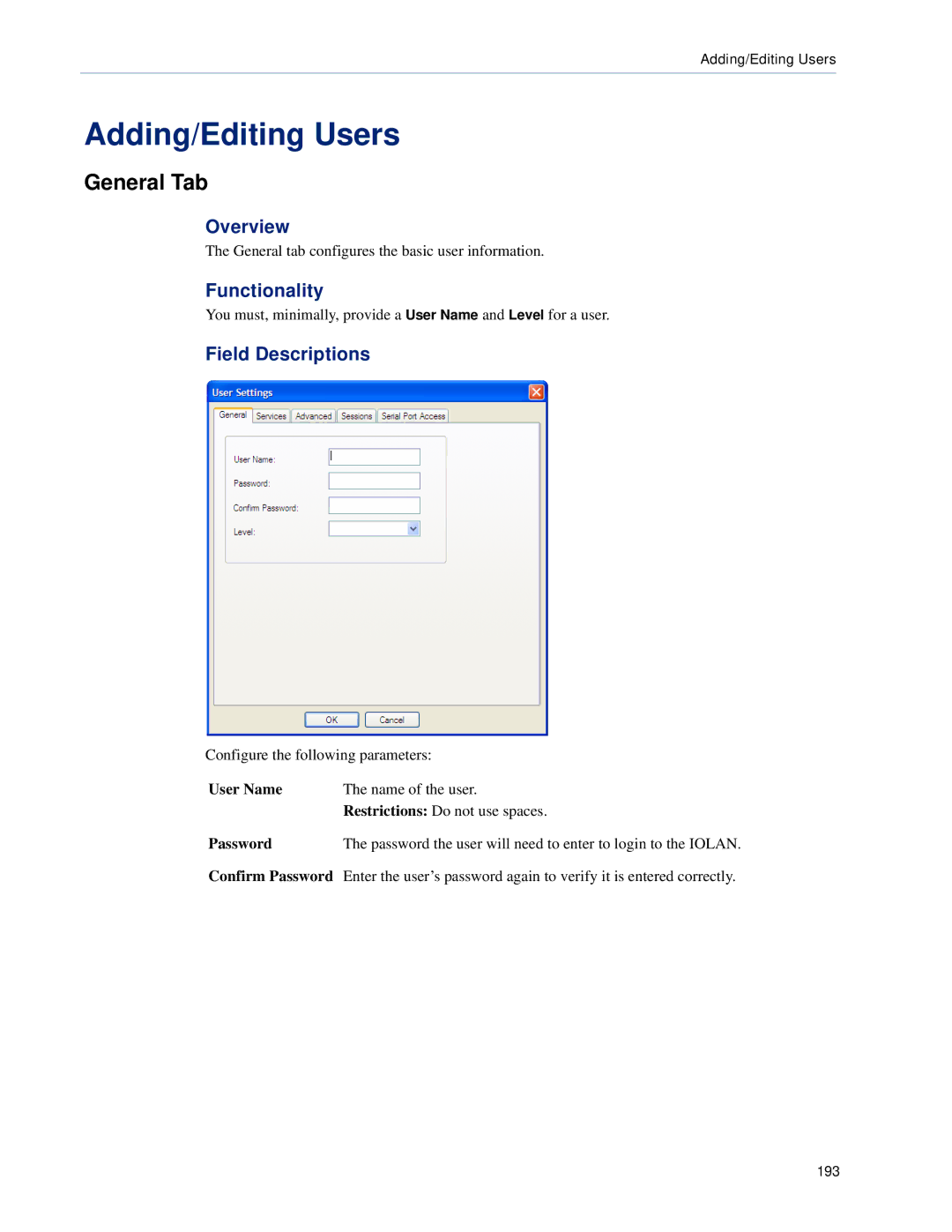 Perle Systems SCS, STS manual Adding/Editing Users, General Tab 