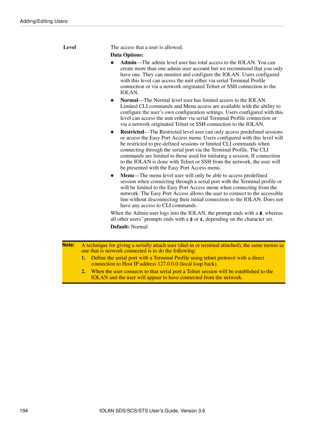 Perle Systems STS, SCS manual Level, Default Normal 