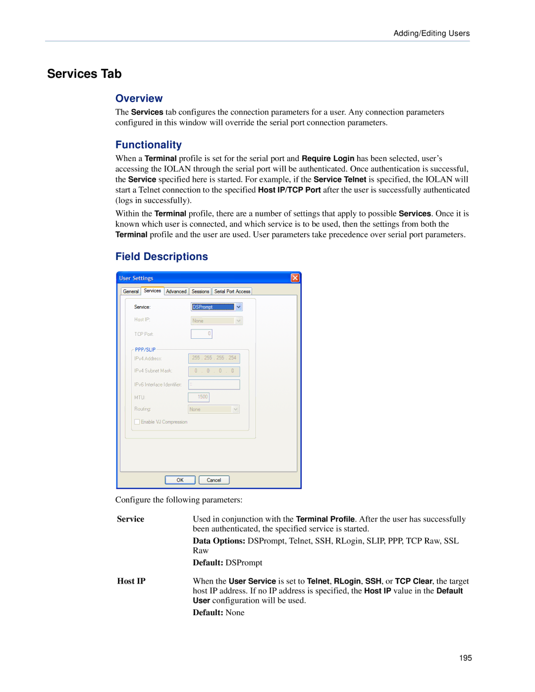 Perle Systems SCS, STS manual Services Tab, Default DSPrompt, Host IP 