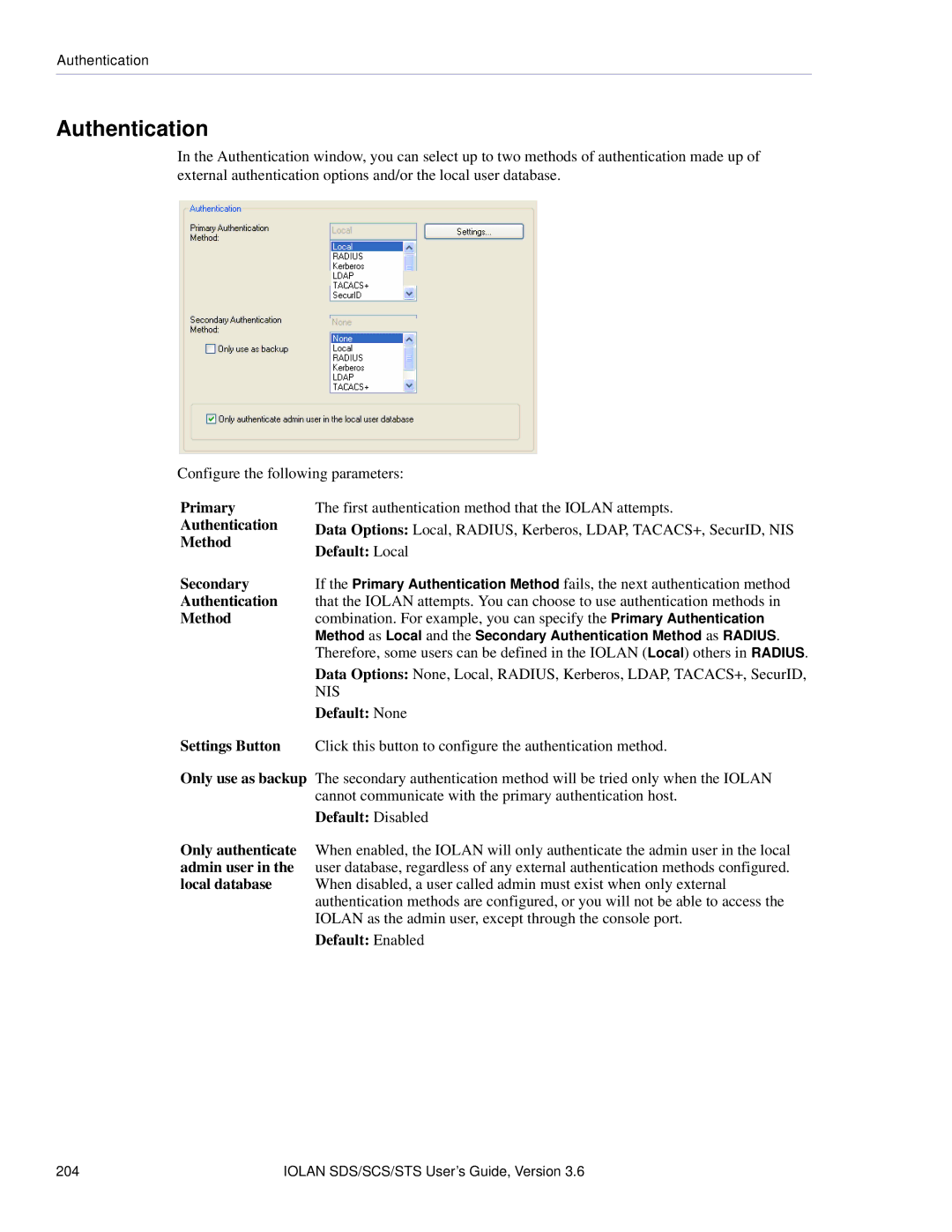 Perle Systems STS, SCS manual Authentication, Primary, Method Default Local Secondary 