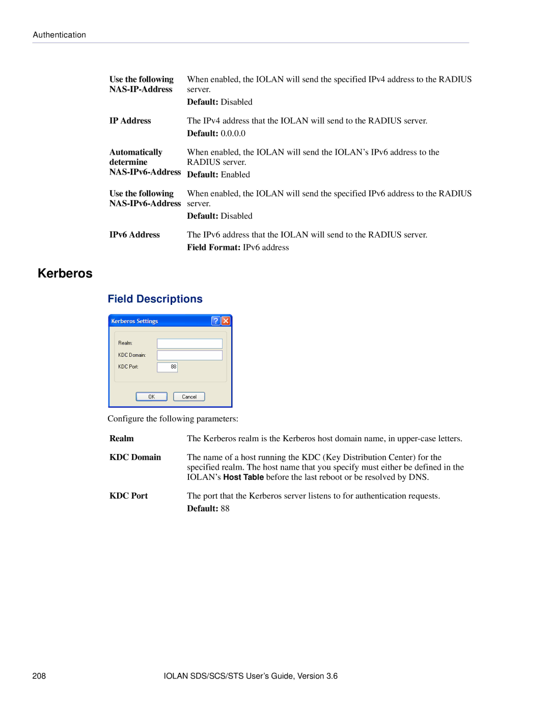 Perle Systems STS, SCS manual Kerberos, Realm, KDC Domain, KDC Port 