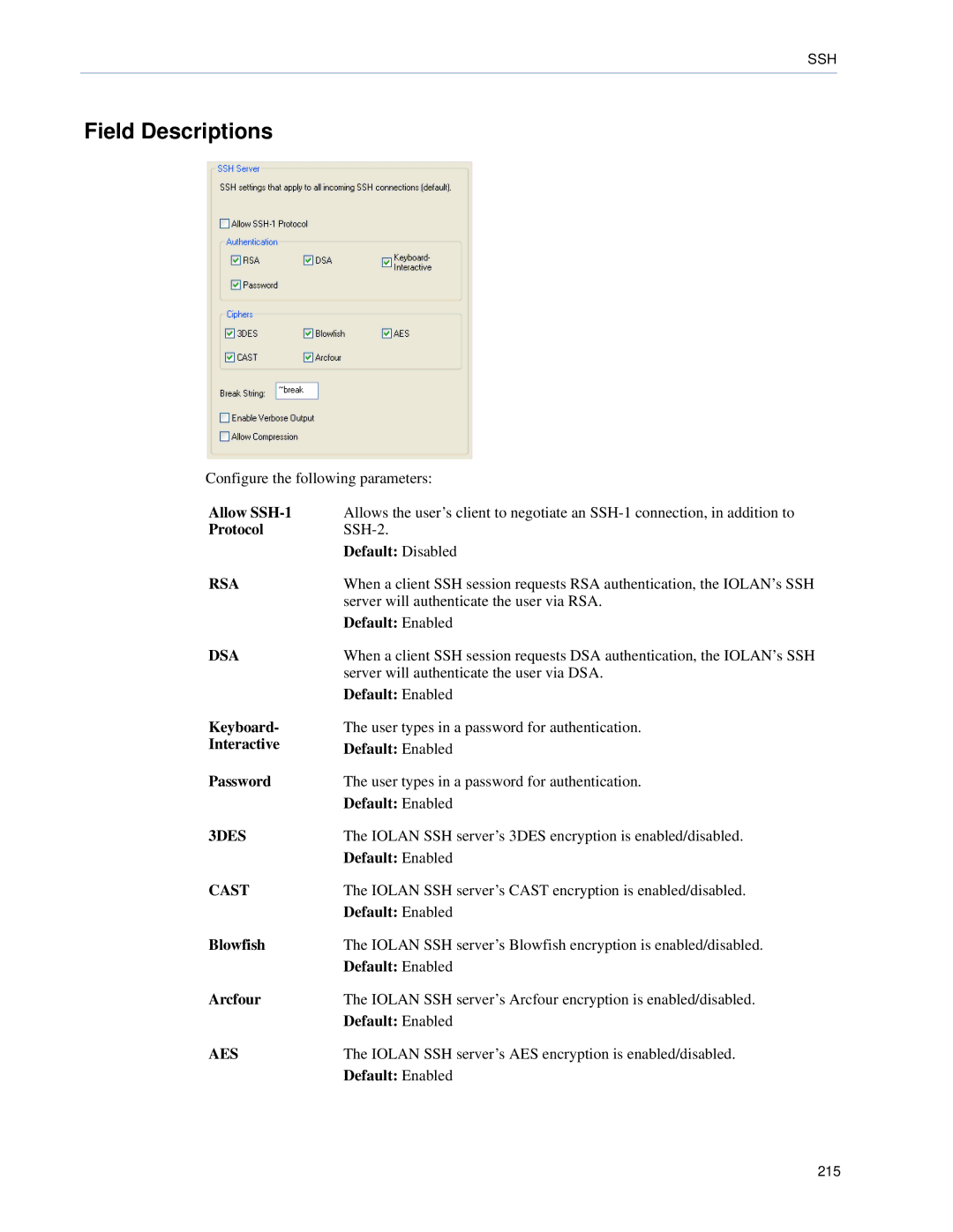 Perle Systems SCS, STS manual Field Descriptions, Allow SSH-1, Keyboard, Interactive Default Enabled Password 