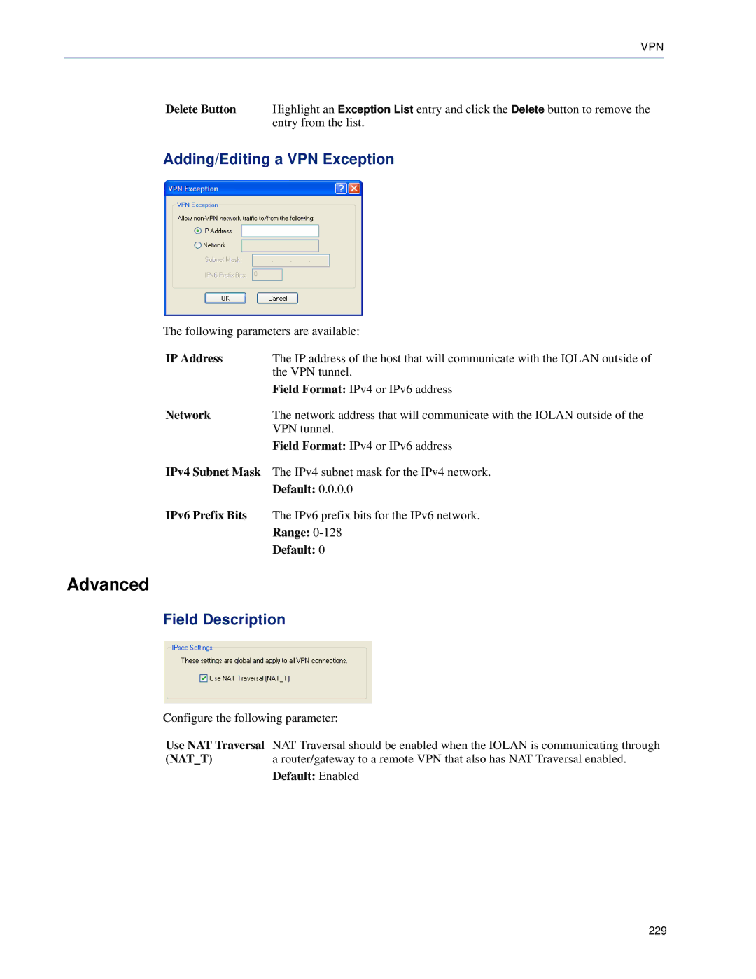 Perle Systems SCS, STS manual Adding/Editing a VPN Exception, Field Description 