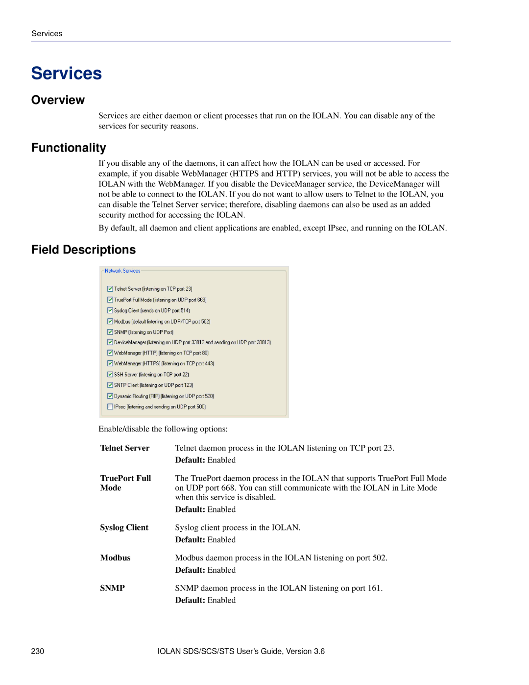 Perle Systems STS, SCS manual Services, Telnet Server, TruePort Full, Syslog Client, Modbus 