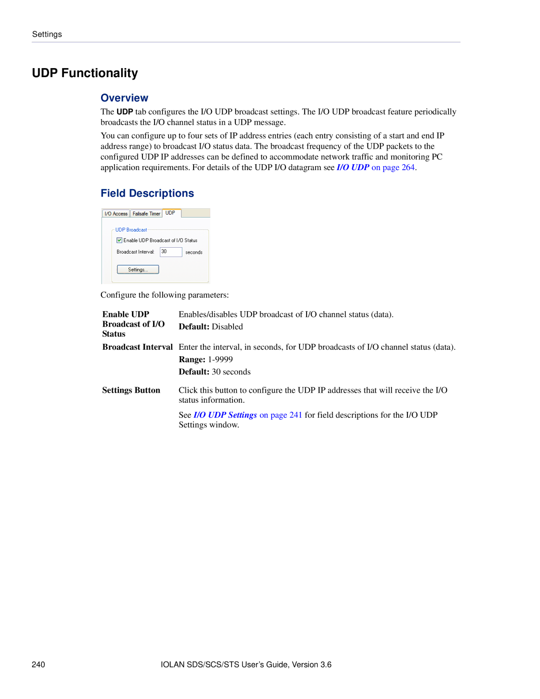 Perle Systems STS, SCS manual UDP Functionality, Enable UDP, Broadcast of I/O Default Disabled Status 