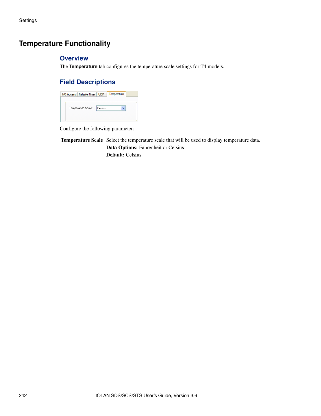 Perle Systems STS, SCS manual Temperature Functionality, Default Celsius 