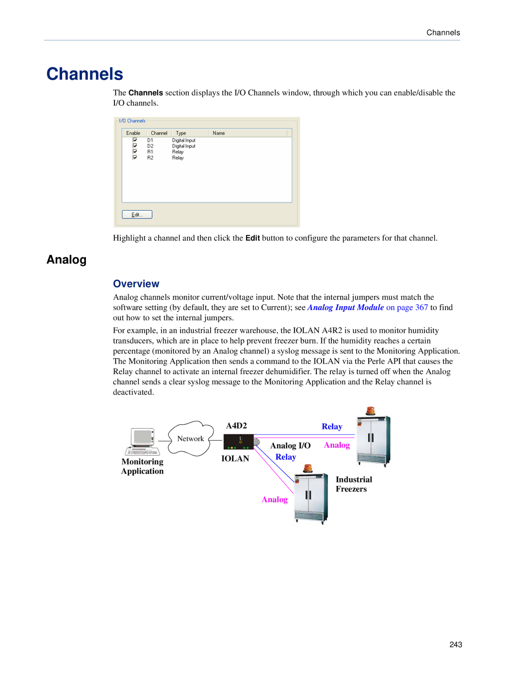 Perle Systems SCS, STS manual Channels, Monitoring Application A4D2, Analog I/O Analog, Industrial Freezers 