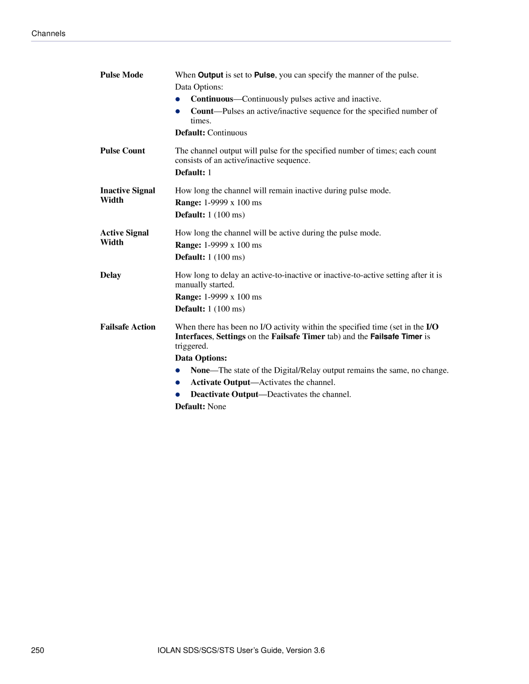 Perle Systems STS, SCS manual Pulse Mode, Pulse Count, Inactive Signal Width Active Signal Width, Delay 