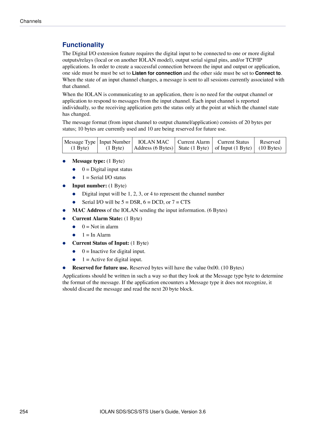 Perle Systems STS, SCS manual Message type 1 Byte, Input number 1 Byte, Current Alarm State 1 Byte z 0 = Not in alarm 