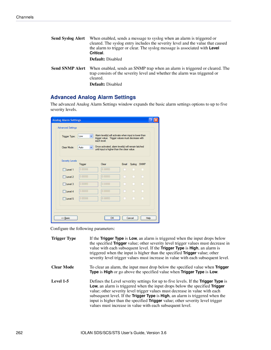 Perle Systems STS, SCS manual Advanced Analog Alarm Settings, Trigger Type, Clear Mode 