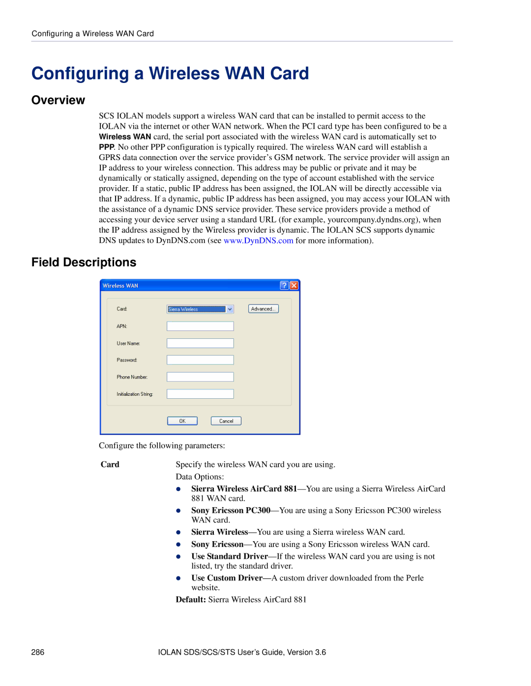 Perle Systems STS, SCS manual Configuring a Wireless WAN Card, Overview Field Descriptions 